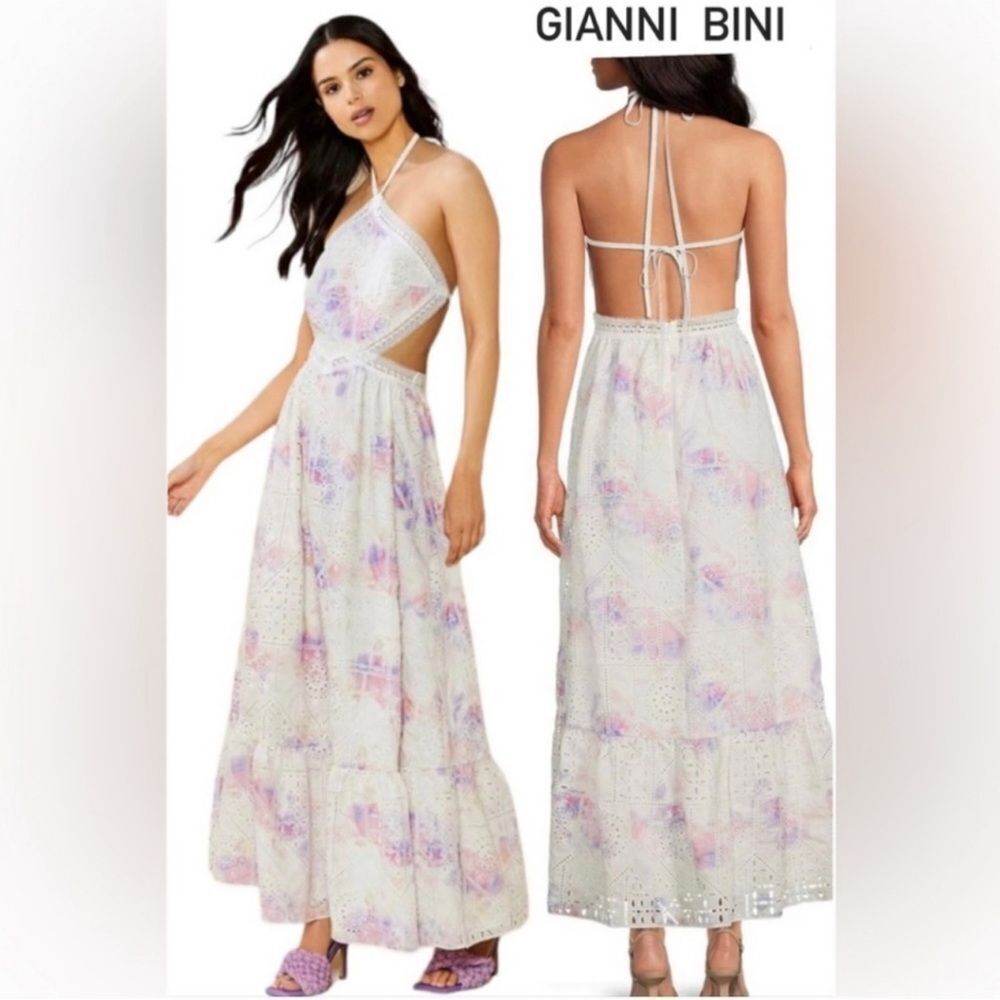 Gianni Bini Delaney Embroidered Eyelet Halter Cutout TieDye Maxi Dress in Cosmos